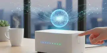 Roteador Wi-Fi moderno com luzes indicadoras acesas, simbolizando a solução de problemas de conectividade.