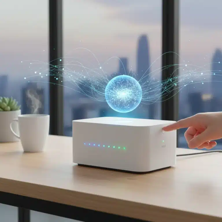 Roteador Wi-Fi moderno com luzes indicadoras acesas, simbolizando a solução de problemas de conectividade.