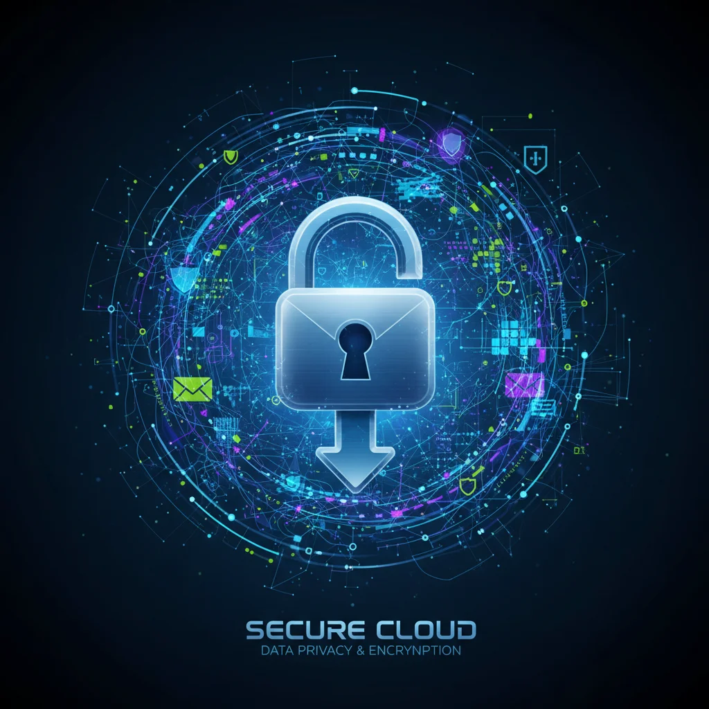 Stylized padlock icon over a data network, representing secure cloud storage.