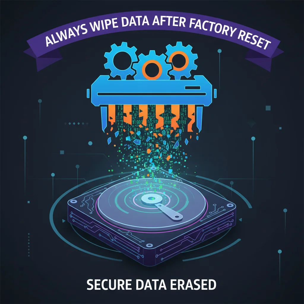 Digital shredder icon over hard drive for secure data erasure