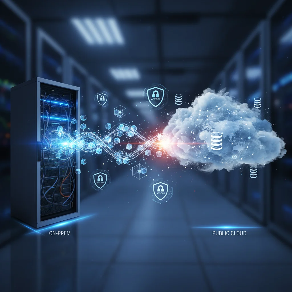Secure data transfer from on-premise to cloud, illustrating encryption and network security.