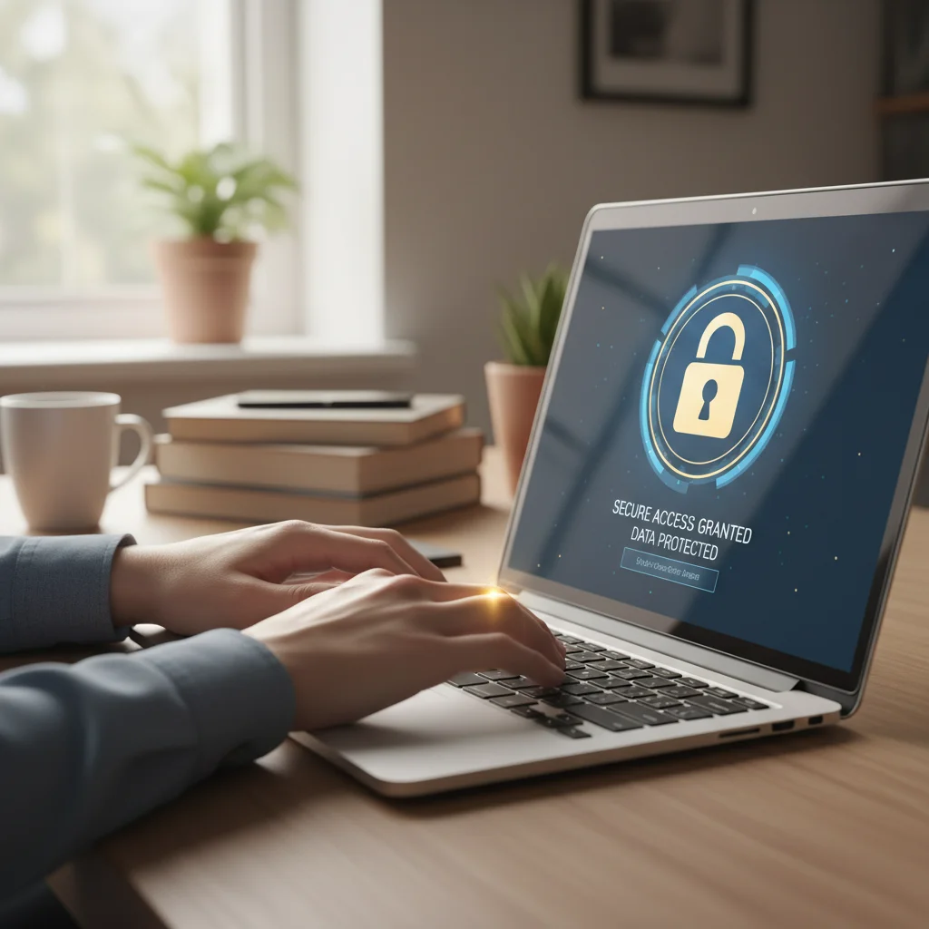 Employee using secure laptop for remote work with data protection