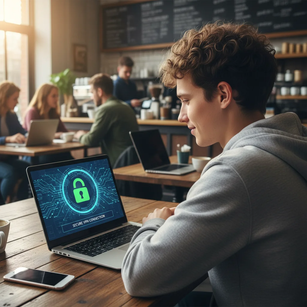 Person using a laptop with secure VPN connection in a public cafe