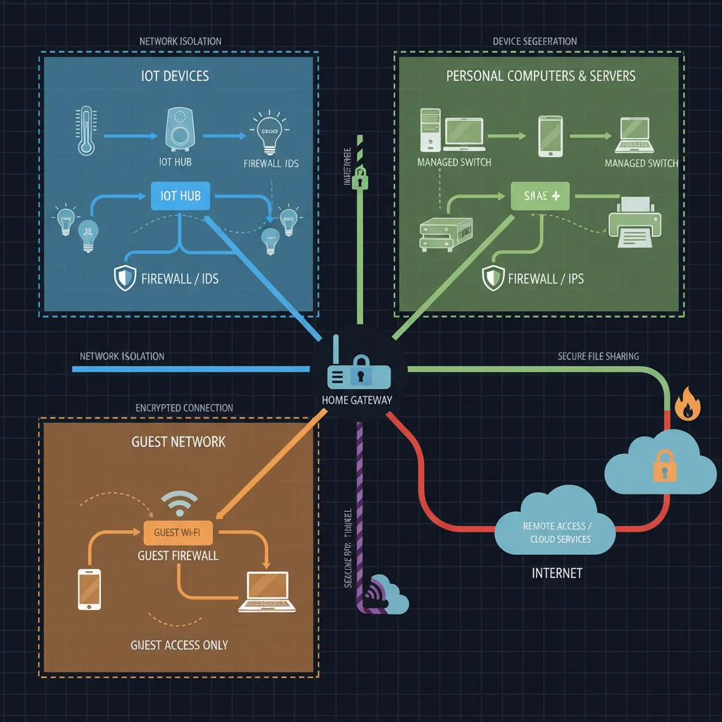 Diagram showing a segmented smart home network with firewalls and VPN for enhanced security.