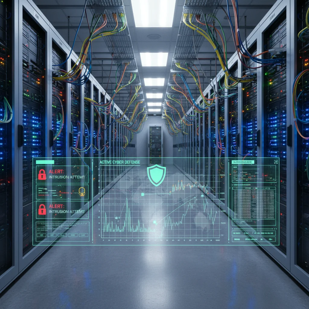 Server room with blinking lights and a digital threat detection interface, illustrating active cybersecurity monitoring.