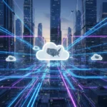 Futuristic cityscape with data streams and cloud icons representing serverless computing innovation by 2026.