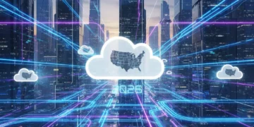 Futuristic cityscape with data streams and cloud icons representing serverless computing innovation by 2026.