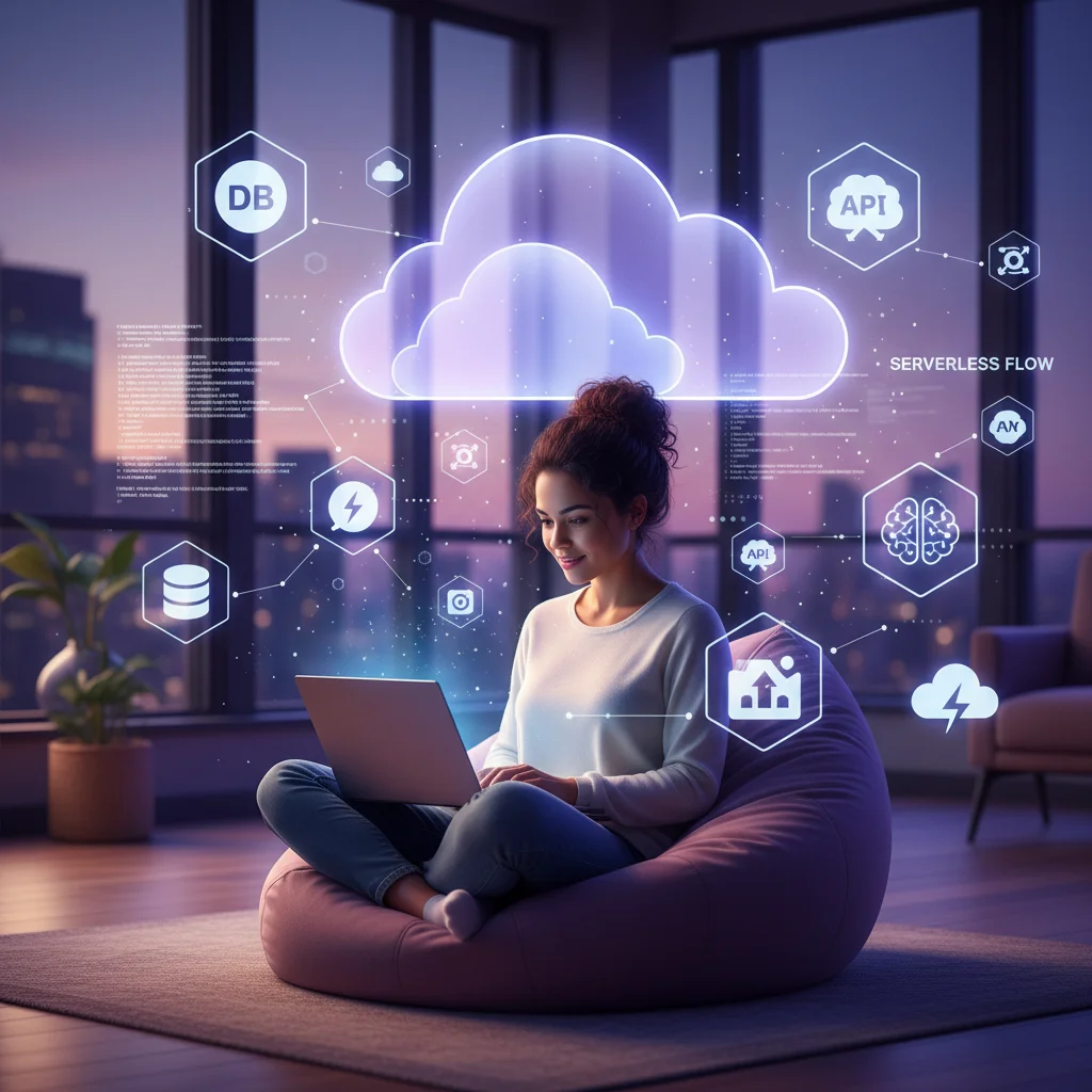 Developer integrating serverless services on a laptop, showcasing development ease.