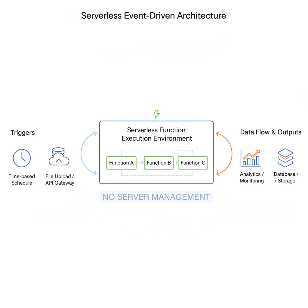 Diagram showing serverless event-driven architecture with triggers and function execution.