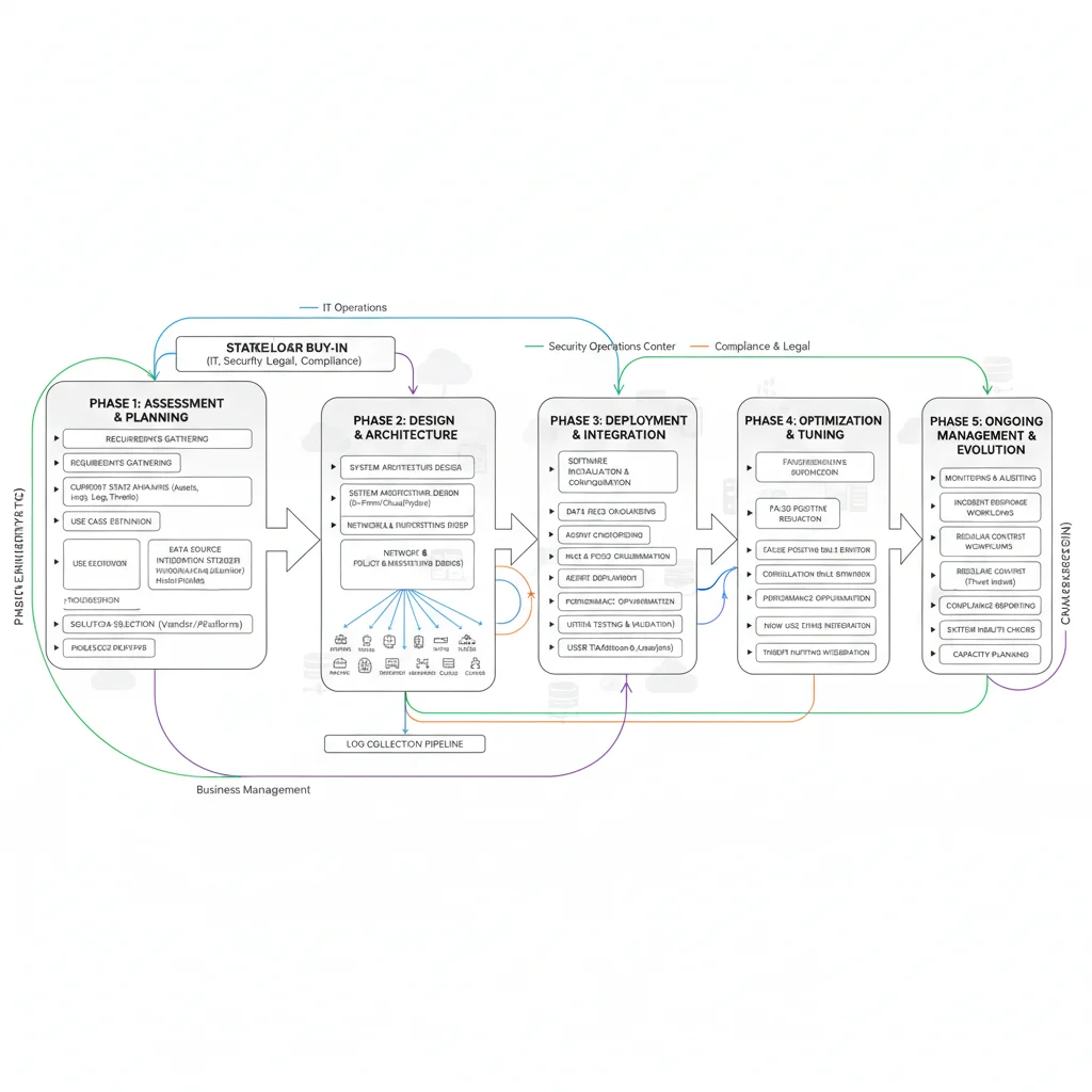Flowchart depicting the comprehensive SIEM implementation lifecycle, showing planning, deployment, and optimization phases.