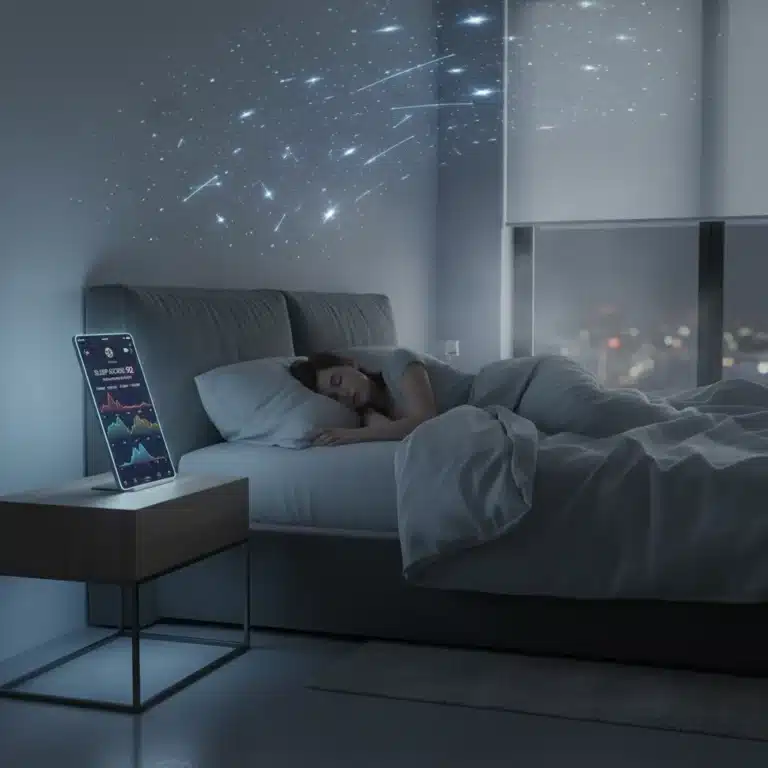 Smartphone displaying sleep tracking app next to a sleeping person