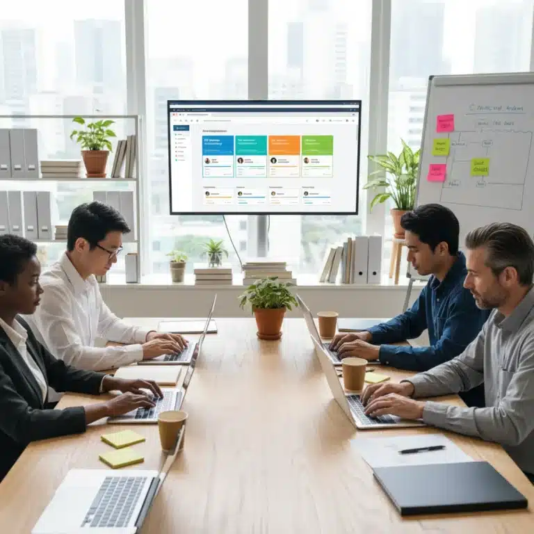 Small business team collaborating on project management software