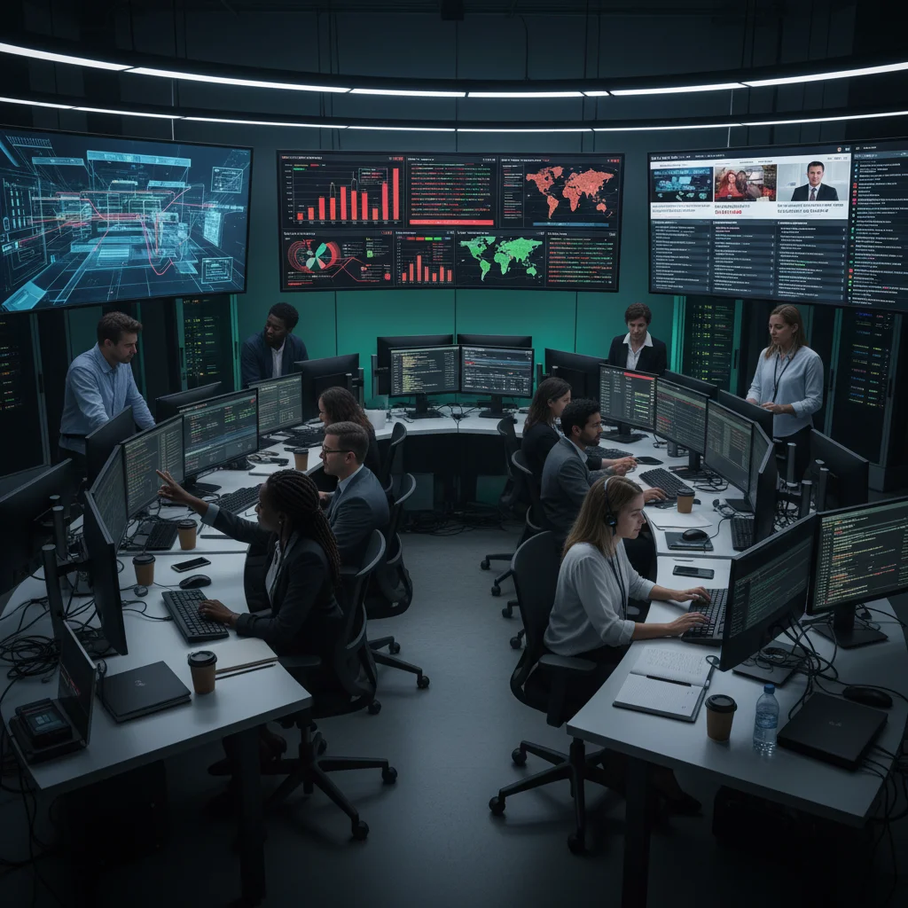 Cybersecurity analysts in a SOC monitoring SIEM alerts and threat intelligence, highlighting team collaboration and technology.