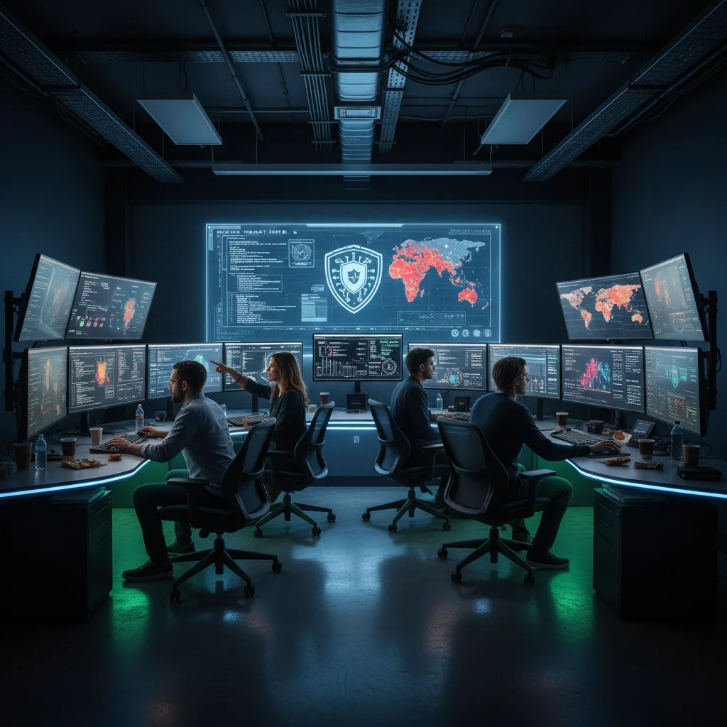 Cybersecurity team monitoring threats in a modern SOC
