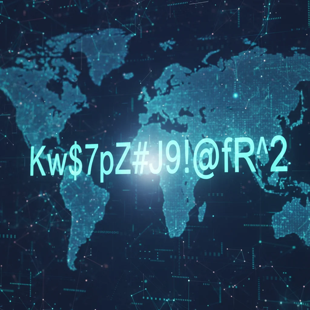 Illustration of a complex, randomly generated password with diverse characters for enhanced security.