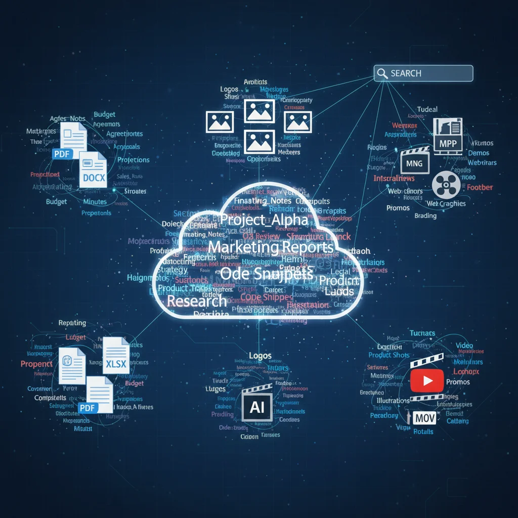 Tag cloud and metadata visualization for digital documents, illustrating a flexible and searchable tag-based file organization system with various file type icons.