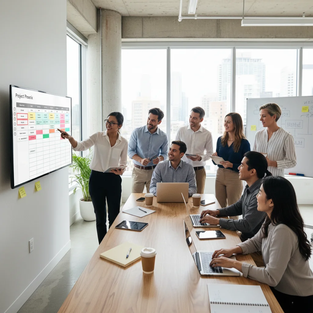 Team collaborating effectively using a task management dashboard in an office