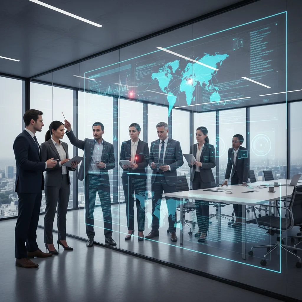 Business professionals collaborating on a real-time threat intelligence dashboard, discussing cybersecurity strategies.
