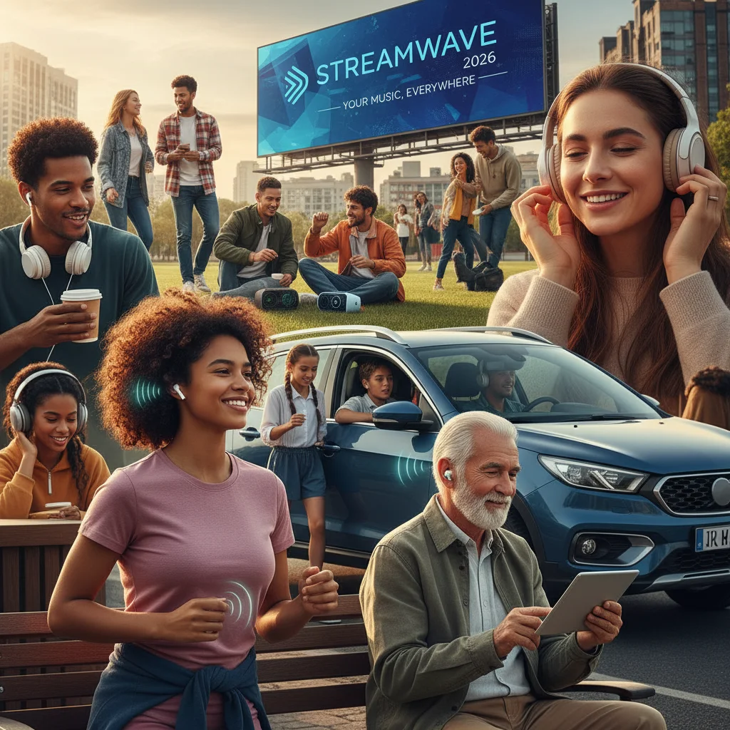 Diverse people enjoying music across multiple devices, showcasing widespread music streaming.
