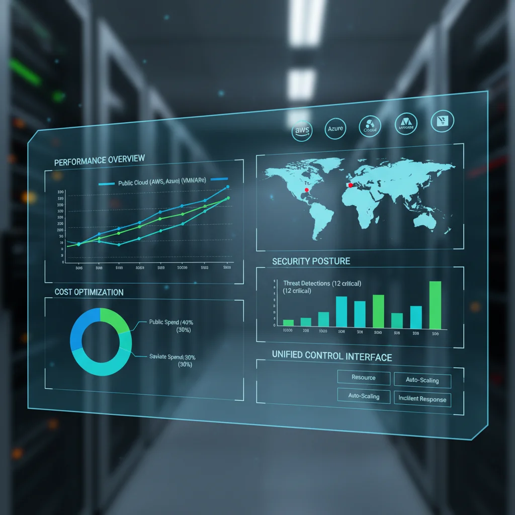 Unified hybrid cloud management dashboard showing performance and cost metrics