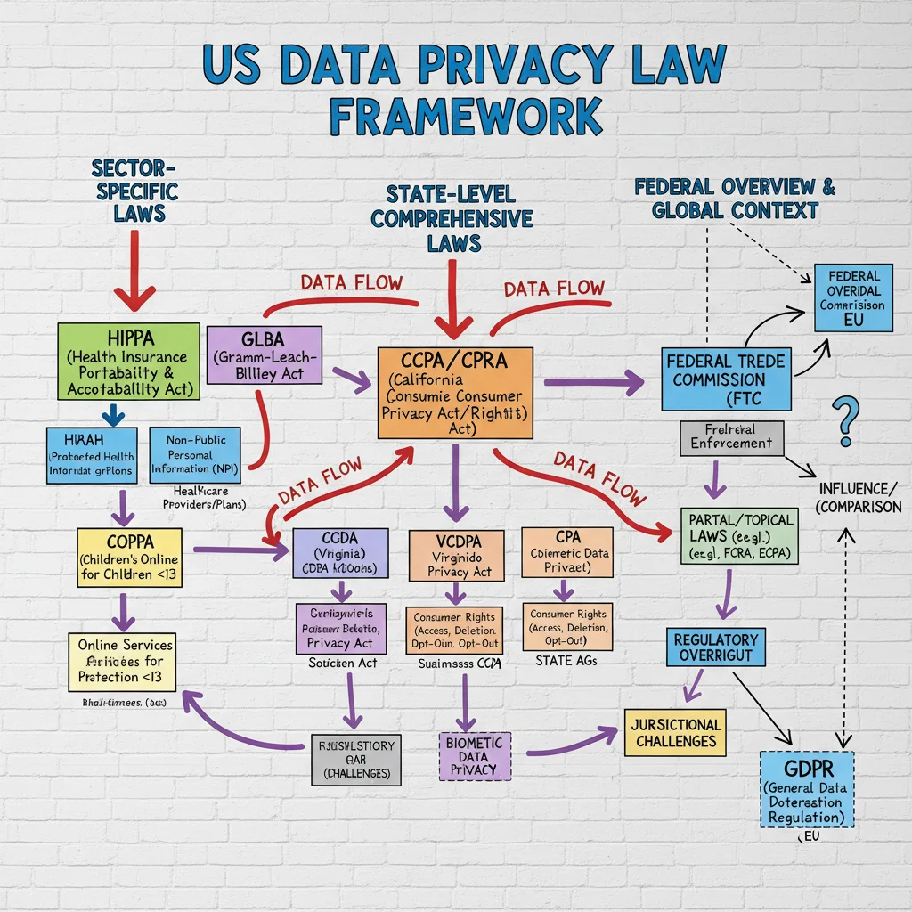 Flowchart depicting interconnected US data privacy regulations