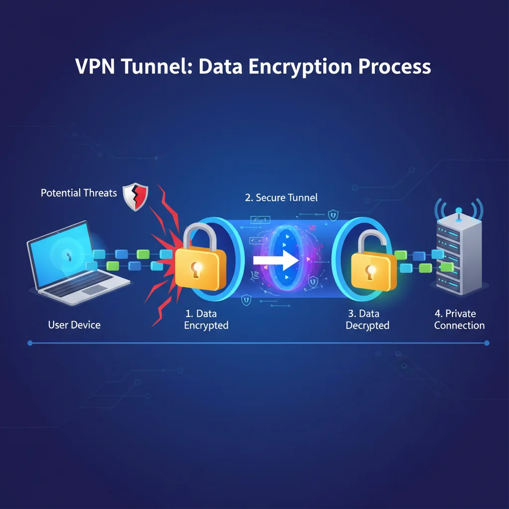 Infographic showing VPN data encryption and secure tunnel