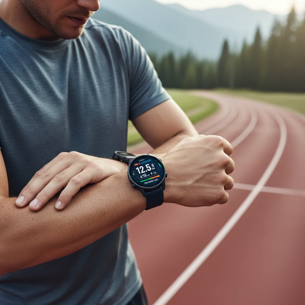 Athlete reviewing detailed post-workout performance metrics on a smartwatch connected to a fitness tracking app, showing progress and data analysis.