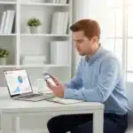 Young professional using budgeting app on laptop and smartphone