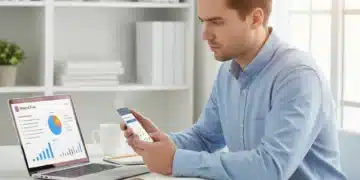 Young professional using budgeting app on laptop and smartphone