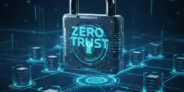 Futuristic digital padlock with 'Zero Trust' text over a network, symbolizing advanced enterprise cybersecurity.