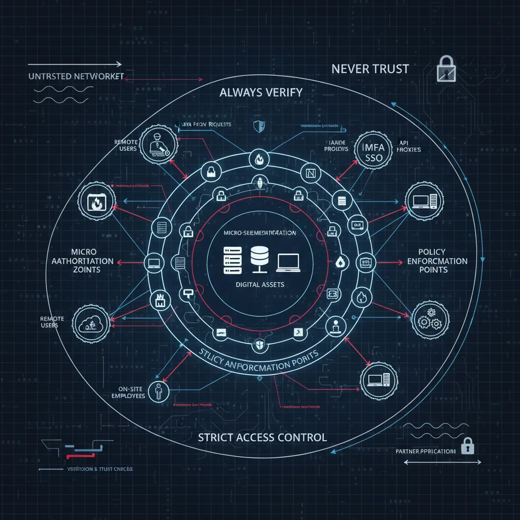 Zero trust architecture diagram with multi-layered authentication and strict access control
