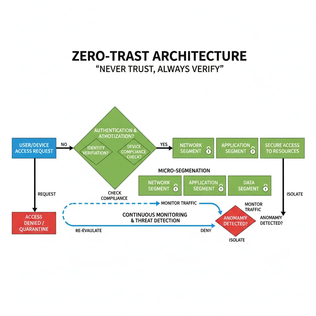 Flowchart depicting 'Never Trust, Always Verify' principles of Zero-Trust Architecture with authentication and monitoring.