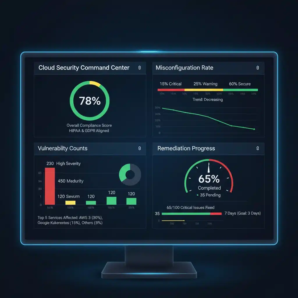 Cloud security dashboard showing real-time metrics for misconfigurations, compliance, and vulnerability management.