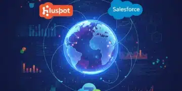 HubSpot, Salesforce, Zoho CRM logos with global data visualization, representing Q1 2026 software updates and CRM innovation.