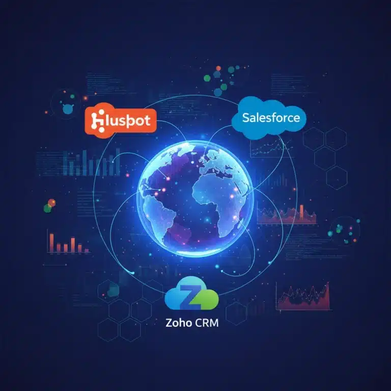 HubSpot, Salesforce, Zoho CRM logos with global data visualization, representing Q1 2026 software updates and CRM innovation.