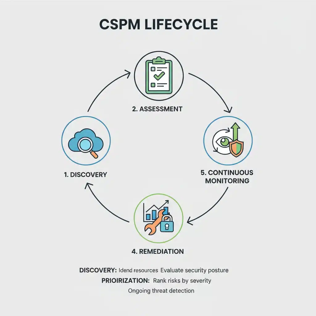 Infographic showing the continuous CSPM lifecycle: discovery, assessment, prioritization, remediation, and monitoring.