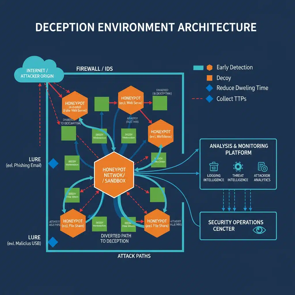 Diagram of deception technology architecture with honeypots and decoy systems.