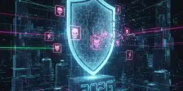 Futuristic cyber shield deflecting attacks, representing deception technology protecting digital assets.