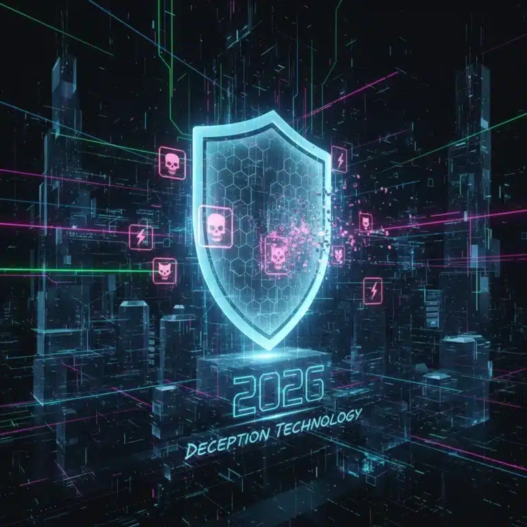 Futuristic cyber shield deflecting attacks, representing deception technology protecting digital assets.