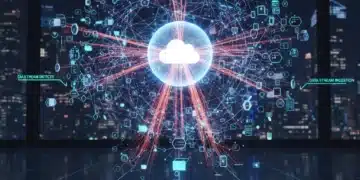 Futuristic network showing fast data flow between edge devices and cloud server