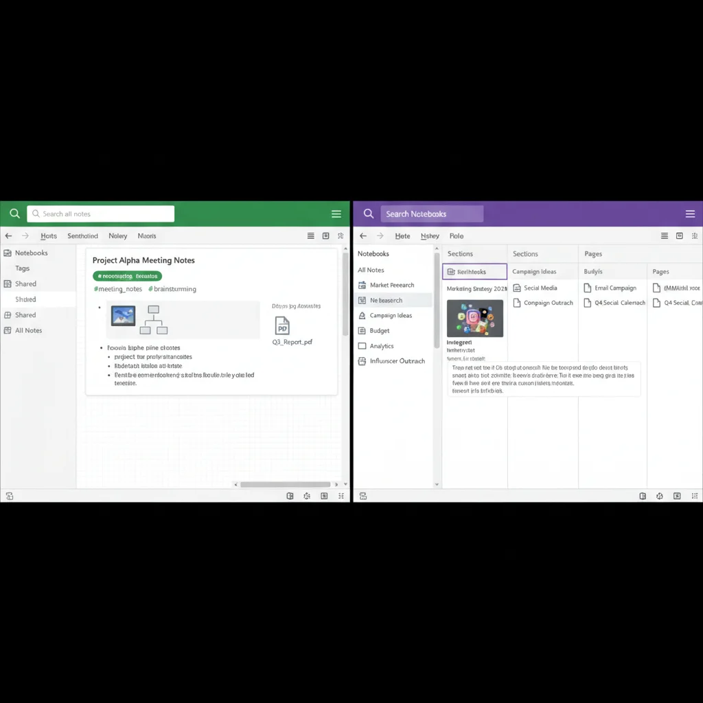 Side-by-side comparison of Evernote's tag-based note interface and OneNote's structured notebook interface, highlighting their different organizational methods.