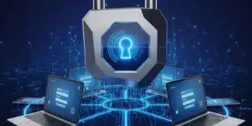 Futuristic digital padlock protecting multiple devices with 2FA prompts