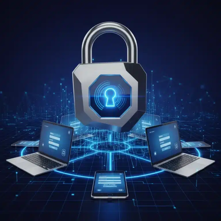 Futuristic digital padlock protecting multiple devices with 2FA prompts