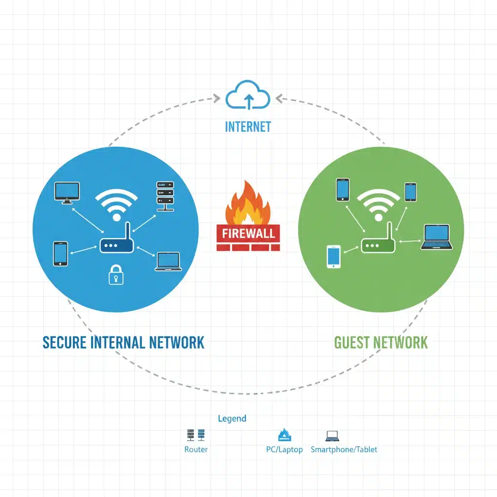 Diagram illustrating a secure guest Wi-Fi network separation from a main home network.
