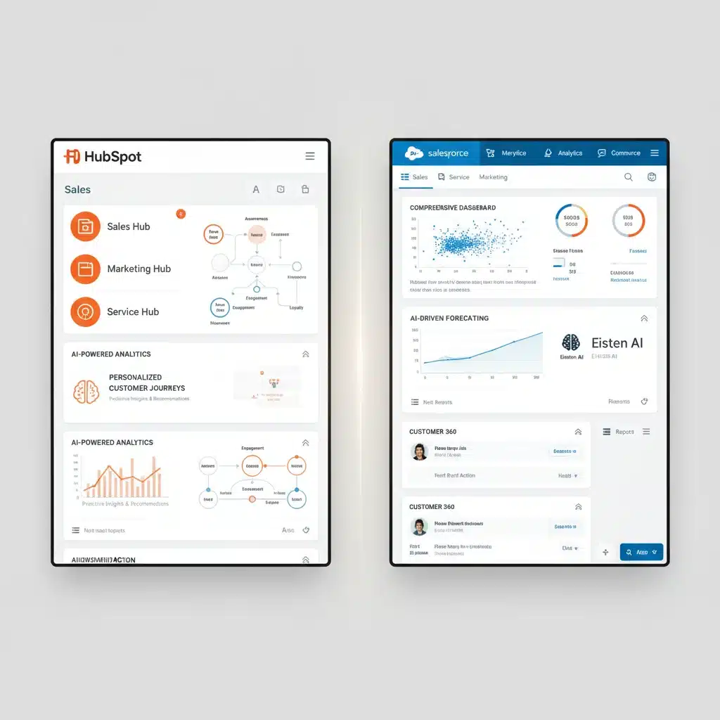 HubSpot vs. Salesforce UI comparison, showcasing AI analytics and integrated sales, marketing, service modules.