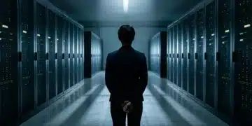 A person stands in a vast data center aisle, silhouetted against glowing server racks, illustrating the scale and on-demand nature of cloud computing infrastructure.