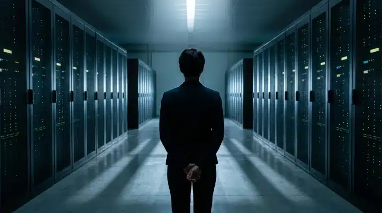 A person stands in a vast data center aisle, silhouetted against glowing server racks, illustrating the scale and on-demand nature of cloud computing infrastructure.