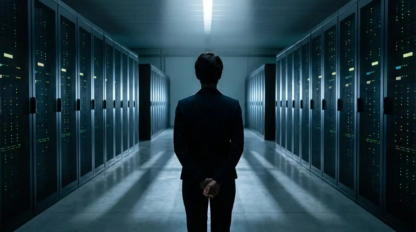 A person stands in a vast data center aisle, silhouetted against glowing server racks, illustrating the scale and on-demand nature of cloud computing infrastructure.