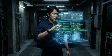 A person analyzing a holographic display illustrating Infrastructure as a Service (IaaS), Platform as a Service (PaaS), and Software as a Service (SaaS) cloud models in a server room.
