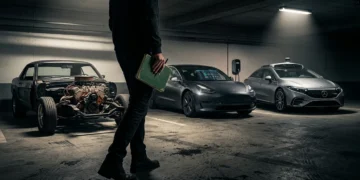 High-contrast documentary photograph of three vehicles in an industrial garage, symbolizing cloud service models: a car chassis (IaaS), an electric car (PaaS), and a self-driving car (SaaS), with a person observing.